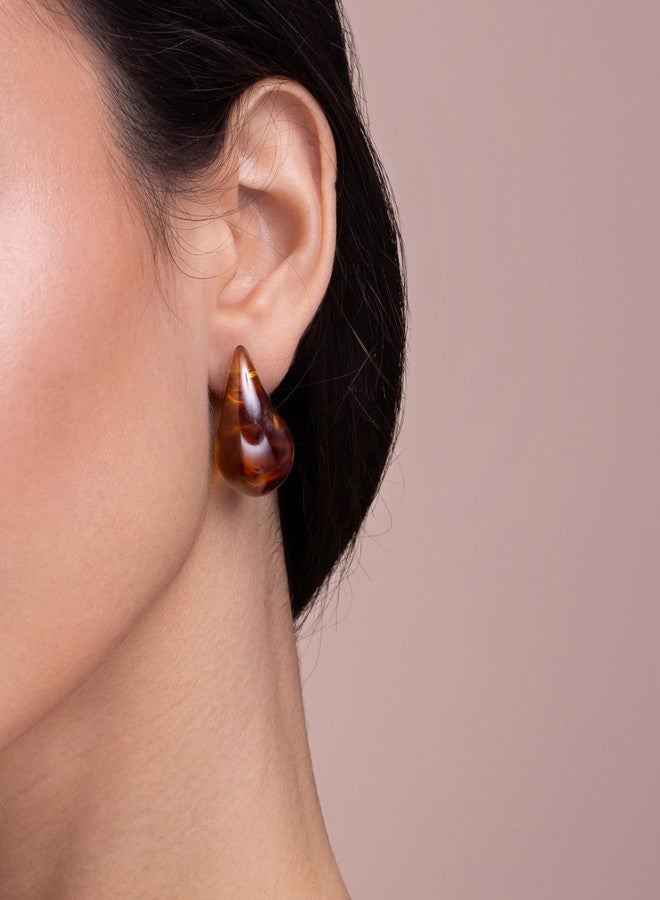 SNGIA Brown Teardrop Water Drop Oval Chunky Colored Resin Tigers Eye Gemstone Statement Earrings for Women by SNGIA, Bold Drop Handmade Exaggerated Irregular Trendy Bohemian Stud Jewelry Gifts, Unique Dangling Baroque Stone Summer Beach Fashion Accessories, Round Vintage Thick Circular Nickle Free Huggies Hoop Earring. - Image 3